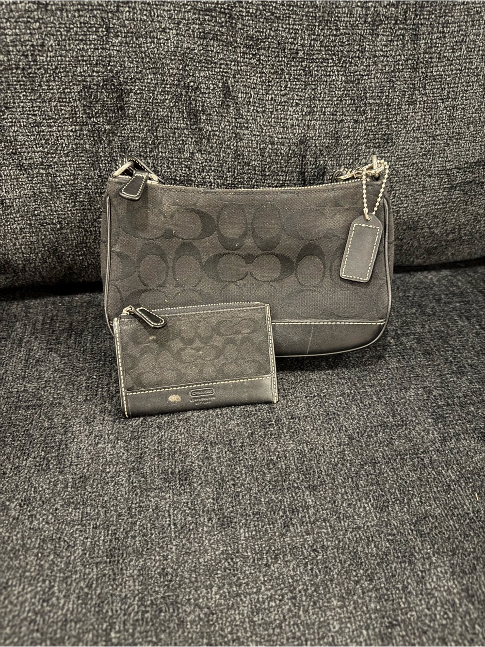 Coach Black Signature Jacquard Shoulder Bag with Matching Card Case